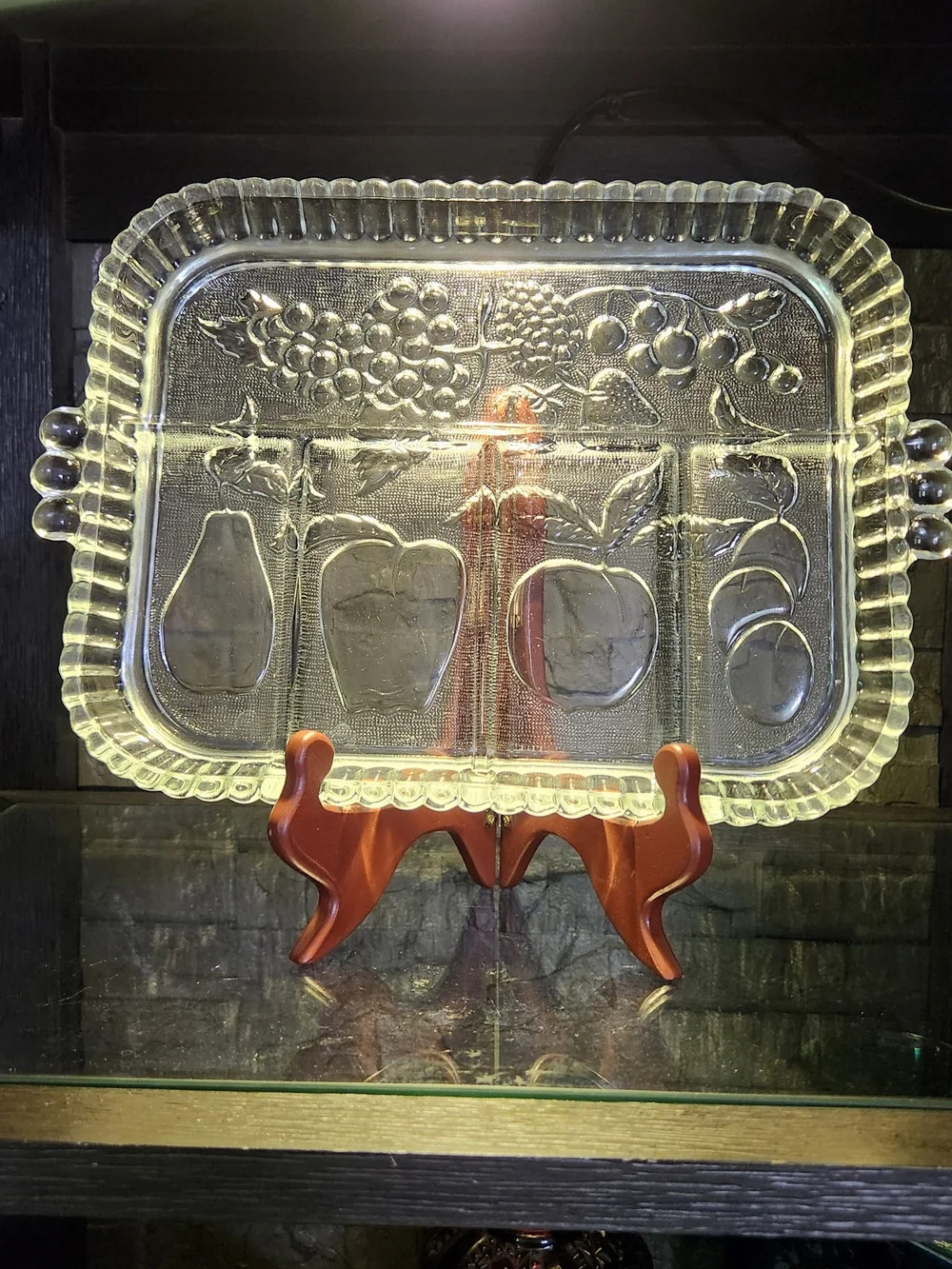 Indiana Glass Clear Pressed Glass Divided Serving Tray With Fruit Design